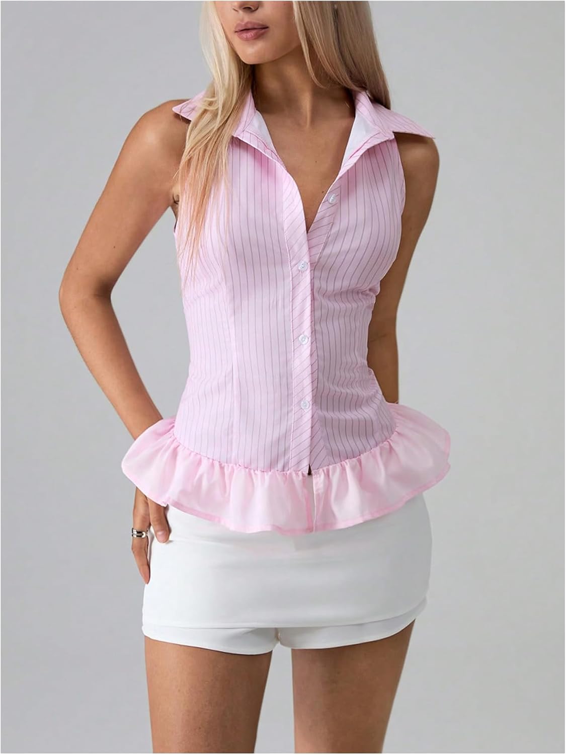 Floerns Women's Going Out Button Down Shirts Striped Ruffle Hem Sleeveless Blouse Tops - Image 4