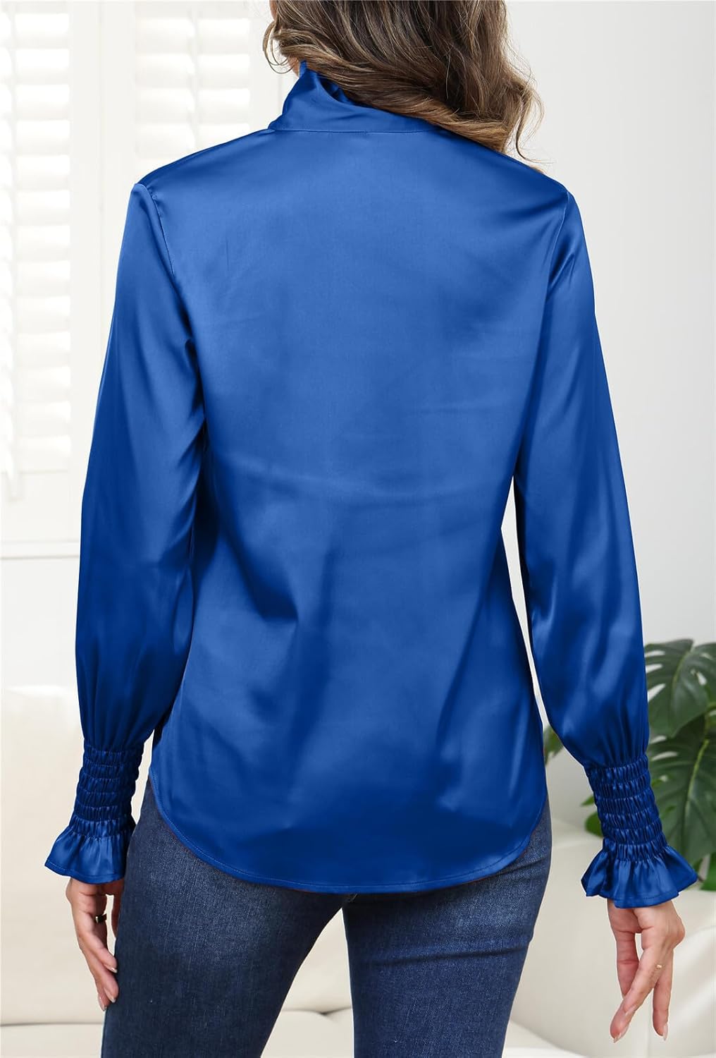 Women's Silk Button Down Blouse Bow Tie Neck Long Sleeve Dressy Elegant Office Work Blouse - Image 2