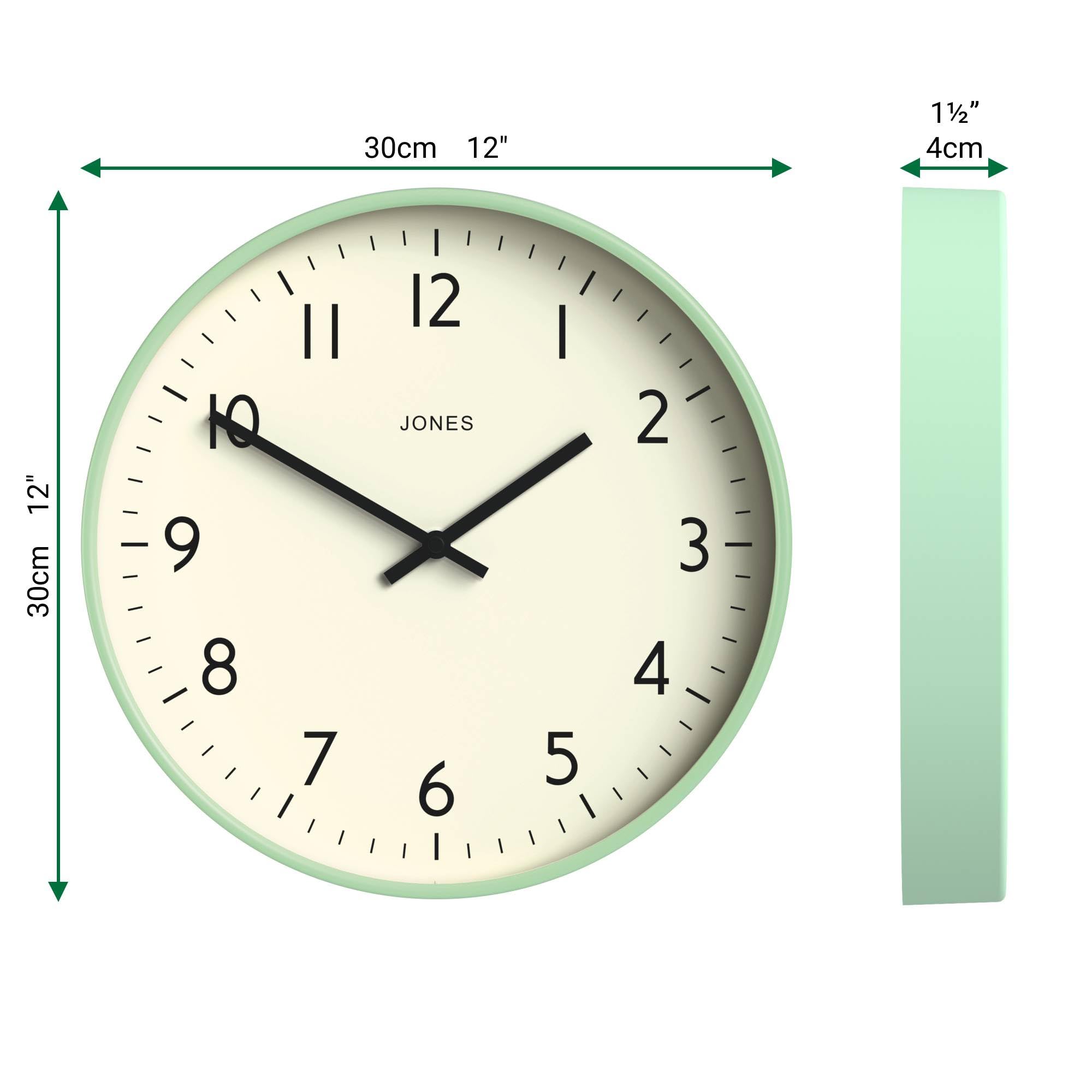 JONES CLOCKS® Studio Reloj | Reloj de Pared Redondo Moderno | 30cm | Neo Mint Verde | Números fáciles de Leer | Diseño versátil para Cocina, salón u Oficina