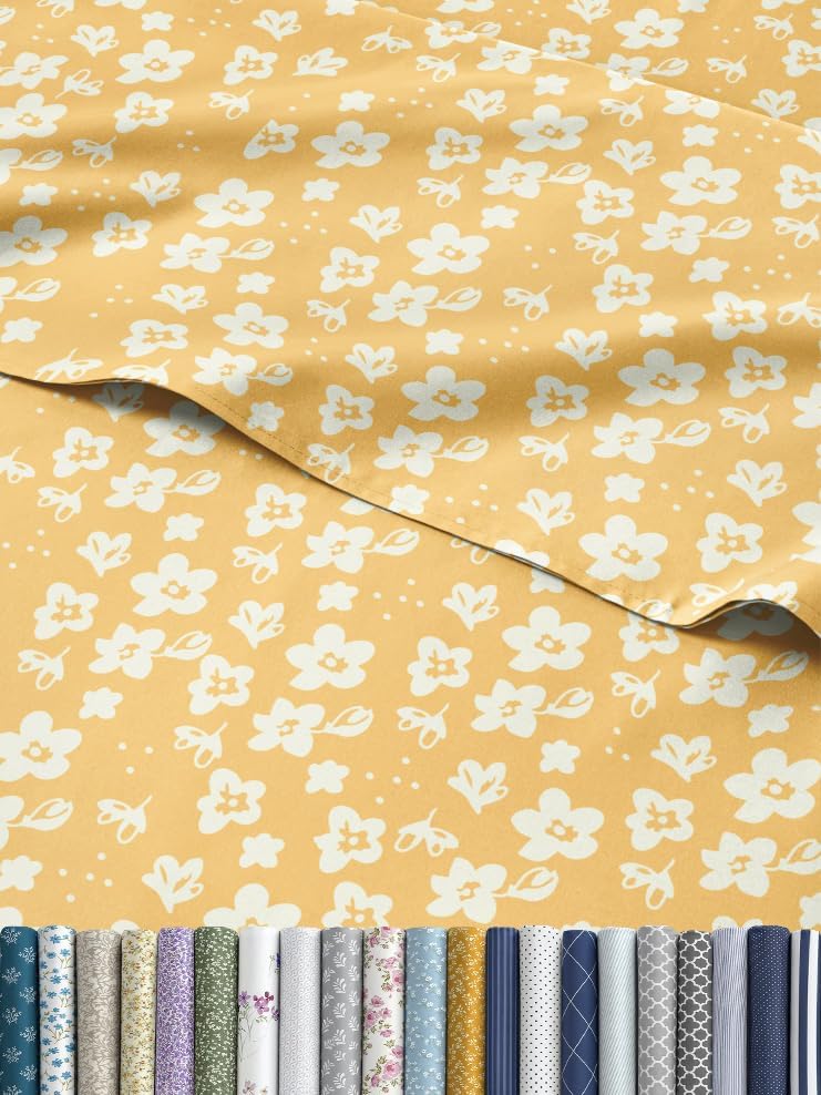 Floral Sheets - Yellow Floral Bed Sheet Set - 1 Flat, 1 Fitted & 2 Pillowcases w/ Deep Pockets - Comfy, Wrinkle & Fade Free - Boho Botanical Bedding - Ultra-Soft, Breathable & Cooling - King Size Set