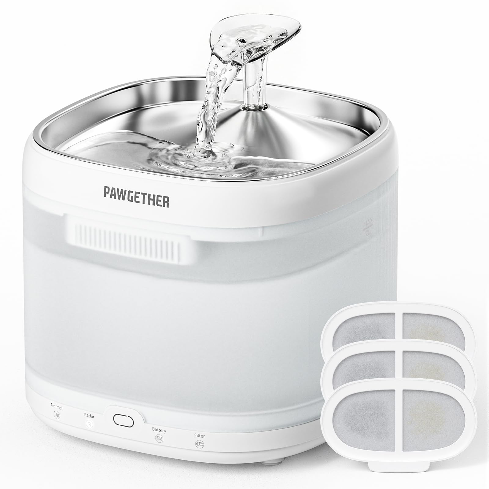 PAWGETHER® Cat Water Fountain 1 Filter Included + Extra 3 Replacement Filters, Ultra Quiet Pumpless Cat Fountain with Stainless Steel Tray, 67oz/2L Cat Fountains for Drinking with 360° Motion Sensor