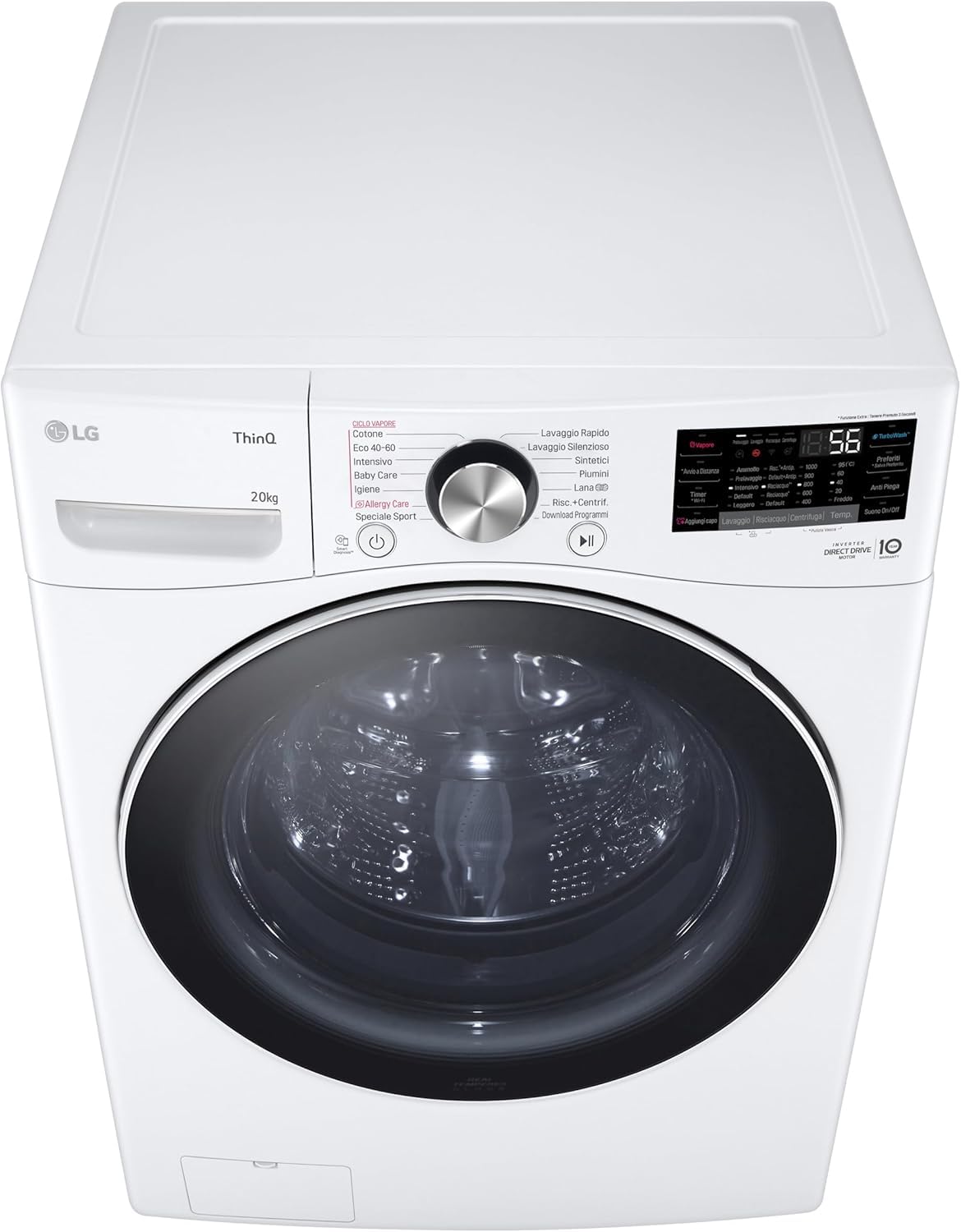 LG AI DD F0P3020TSWC Lavatrice 20kg, a Carica Frontale, Capacità XL Serie P3, Classe B, 1000 Giri, TurboWash 360, Vapore, Wi-Fi, Motore Inverter Direct Drive, Libera installazione, Bianco