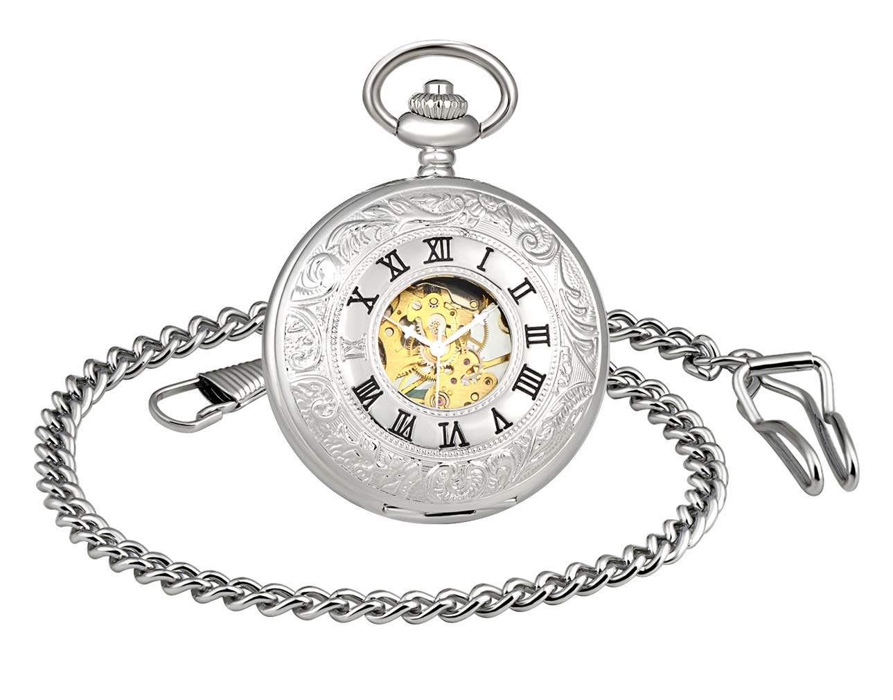Mechanisch zakhorloge voor heren, Romeinse cijfers, zakhorloge van roestvrij staal, gelegeerd met twaalf sterrenbeelden, kerstcadeau, verjaardagscadeau, zilver