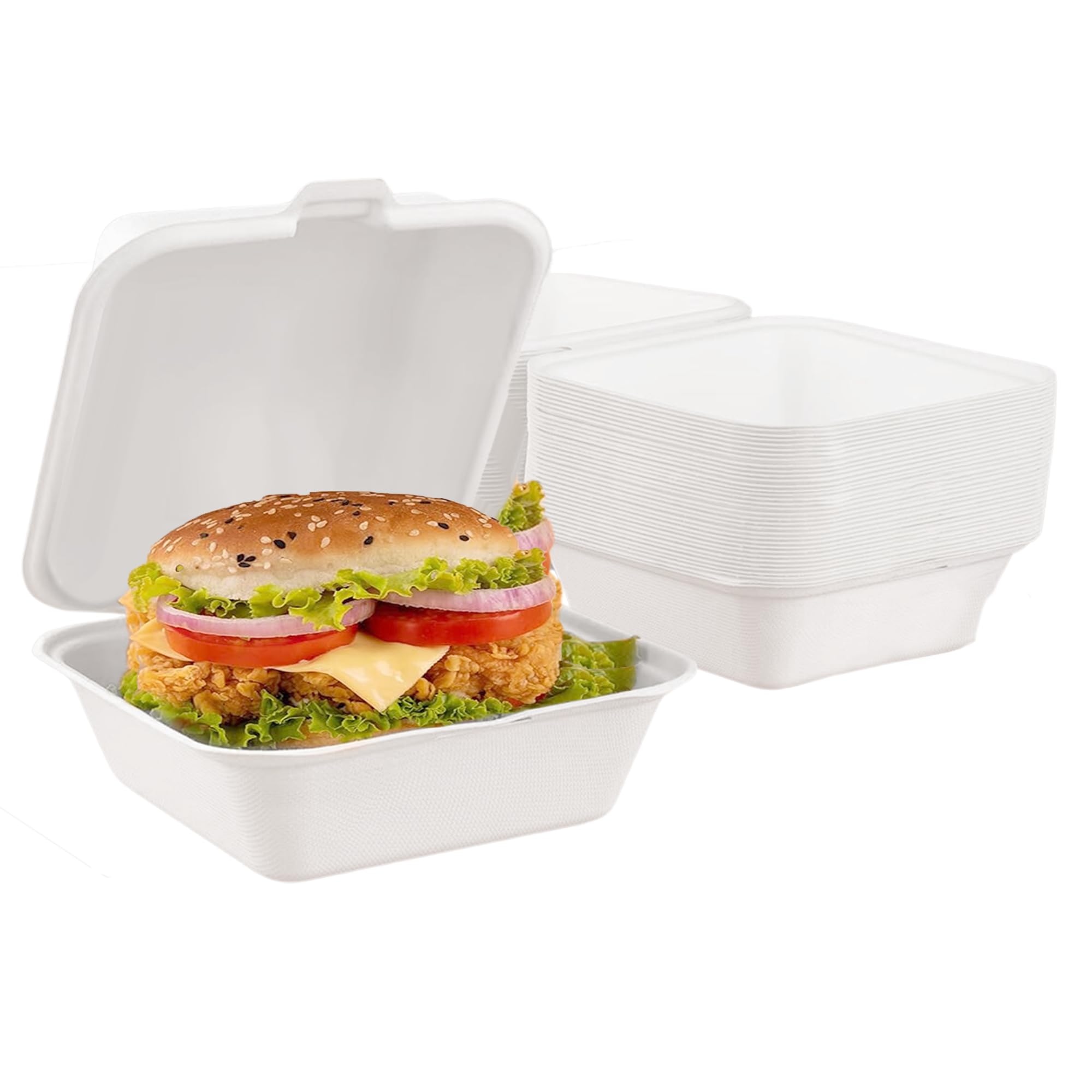EcoWise50 Disposable Burger Boxes - 6 Inch Sugarcane Fibre Eco-Friendly Biodegradable Food Containers - Microwave & Freezer Safe Bagasse Takeaway Boxes For Sandwich, Chips & BBQ (50)