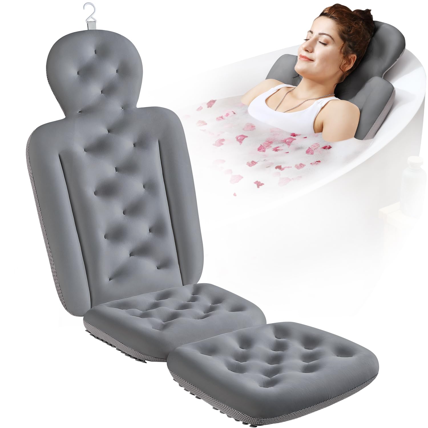 Full Body Bath Pillow for Bathtub, Thick Bathtub Cushion with Laundry Bag, Luxury Tub Pillow for Bath for Headrest Neck and Back Support Gray 51" x 16"