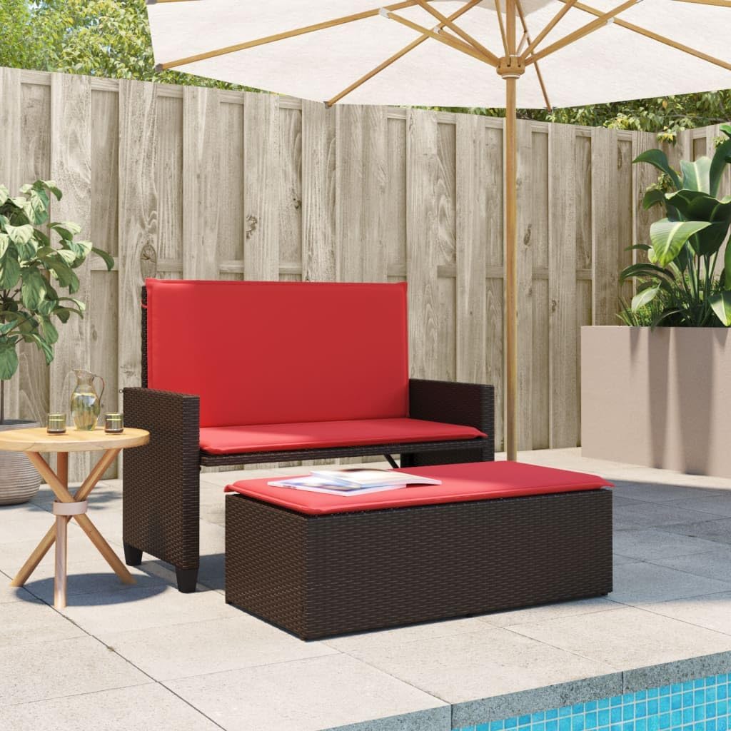 Brown 2-in-1 Patio Loveseat 48"x21.7"x38.2" PE Rattan Sofa Bed with Footstool & Red Cushions Weather-Resistant Outdoor Seating for Garden Poolside Porch