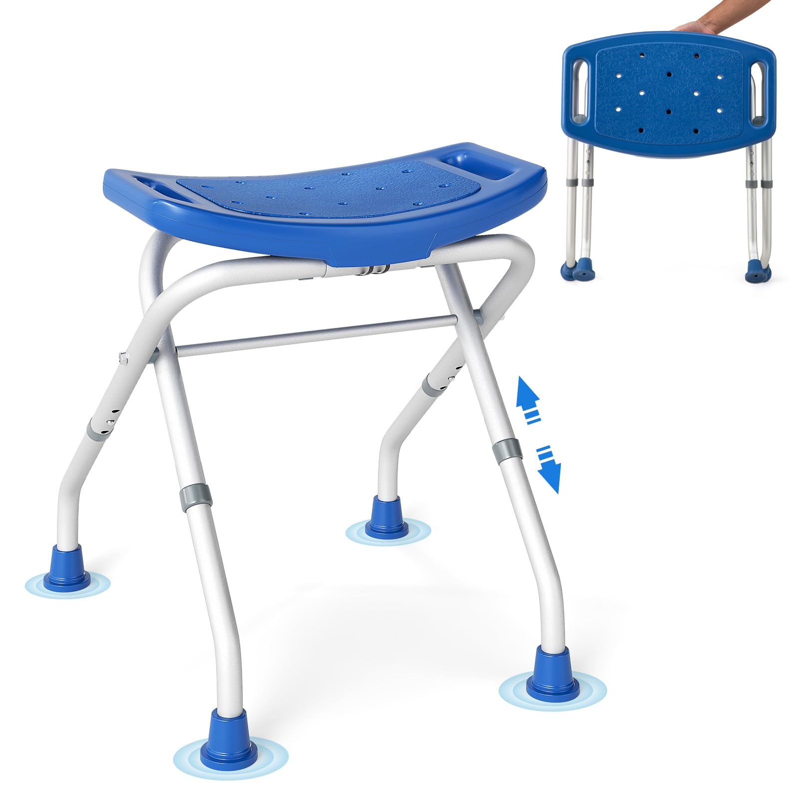 RELAX4LIFE Sgabello da Doccia Pieghevole, Sedia per Doccia in Alluminio, Altezza Regolabile 49-52,5 cm, Piedini Antiscivolo in Gomma, Sedile da Bagno per Anziani e Disabili o Riabilitazione (Blu)