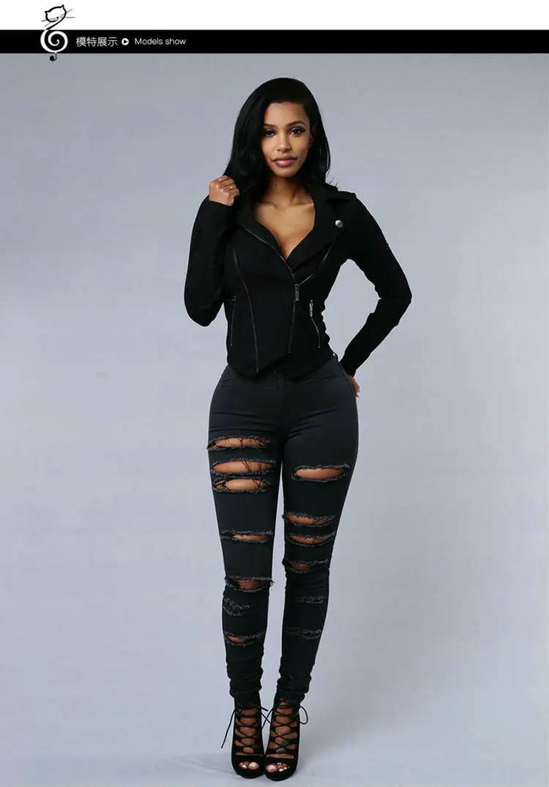 WANGQIQI Jeans Donna Pantaloni A Matita Magri con Strappato-Nero-XXXL