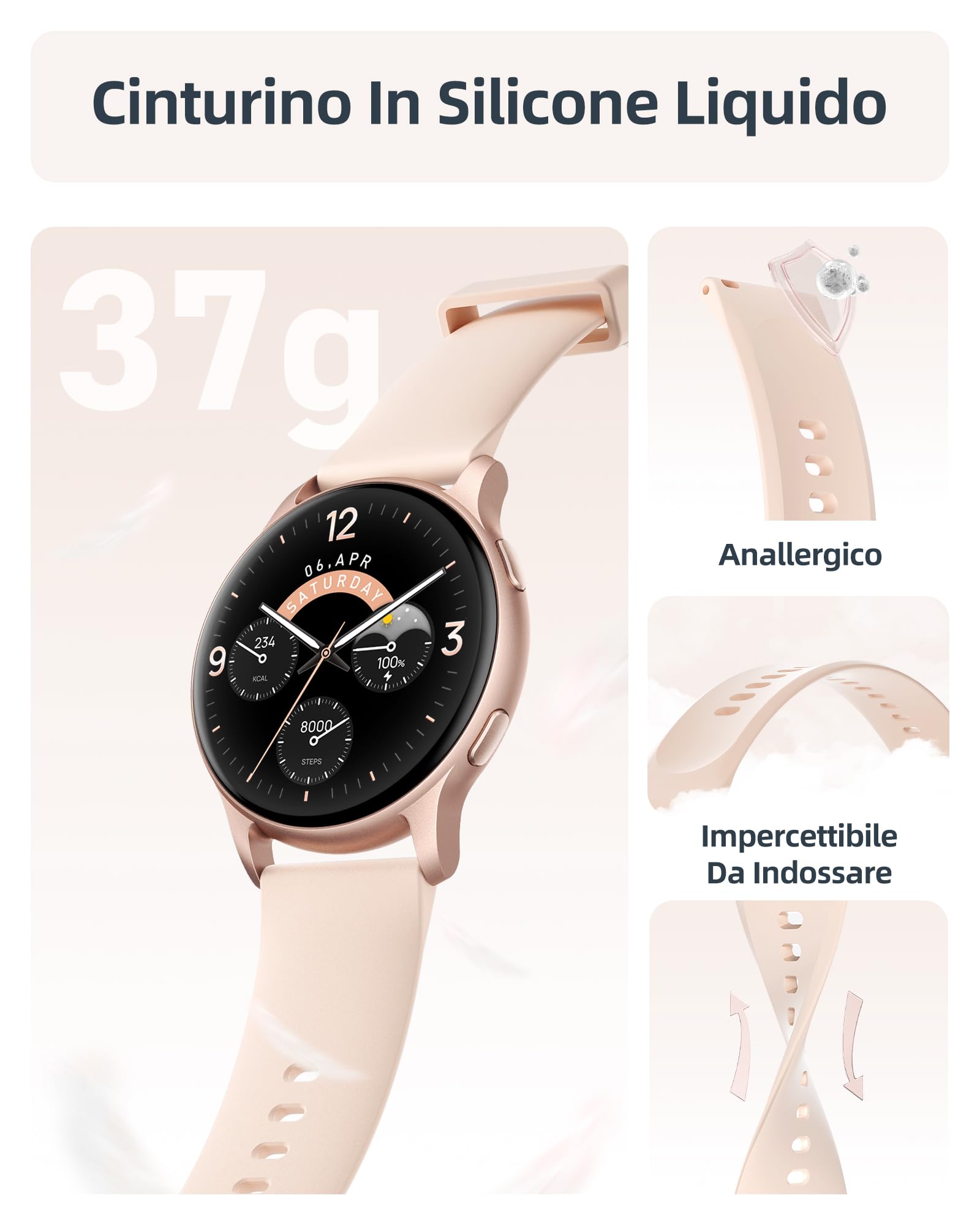 Parsonver Smartwatch Uomo Donna Con Chiamate Bluetooth, 5ATM Impermeabile per Nuoto, Orologio Fitness Con 100+ Sportive, Frequenza Cardiaca, SpO2, Sonno (Oro rosa, 44 mm)