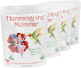 Néctar orgánico de colibrí USDA, sin hierro, 4 bolsas de concentrado de 8 onzas, totalmente natural, sin colorantes para comederos de patio, mezcla de alimentos para colibríes para