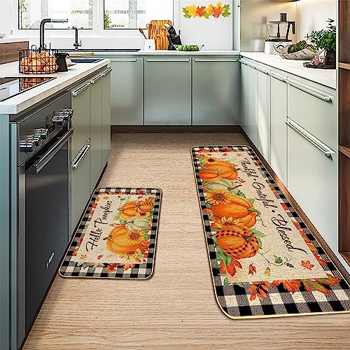 2 Pieces Hello Pumpkin Kitchen Mat Autumn Kitchen Rugs Thanksgiving Decorative Door Mats, Home Seasonal Fall Holiday Party Autumn Maple Leaves Harvest Thankful Grateful Blessed Low-Profile Floor Mat - Image 4