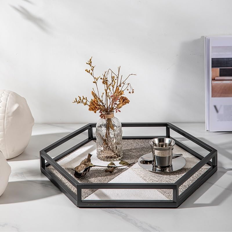 Bandejas Servir Comida Bandeja Hexagonal Ligera de Lujo Crin, Almacenamiento Entrada, Bandeja Escritorio for cosméticos, Adornos Grises y Blancos, Decorativa for joyería Mesa Cama