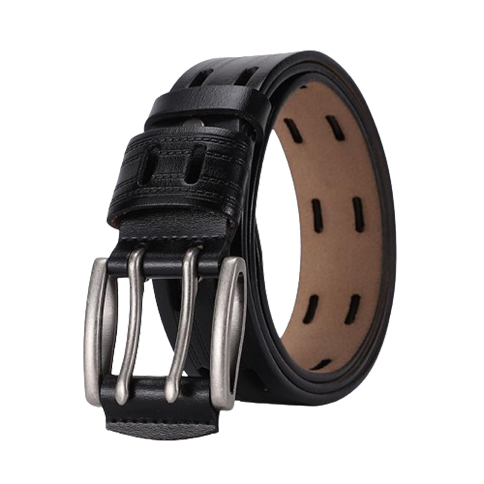 Heavy Duty Full Grain Leather Belt-1 3/8" Wide Double Prong Buckle, Two Holes Handmade Work or Casual Belts for Jeans