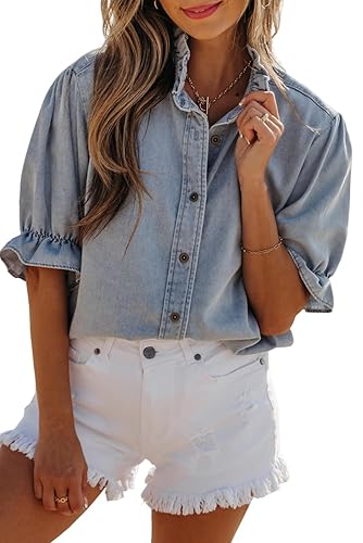 SELINK Women's Tunic Tops Elegant Ruffle Short Puff Sleeve Summer