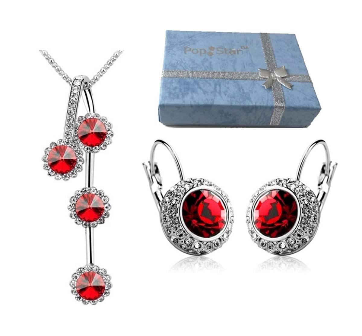 PopStar@ Crystal Pendant w/ 30" Electroplated Sweater Necklace & Matching Earrings