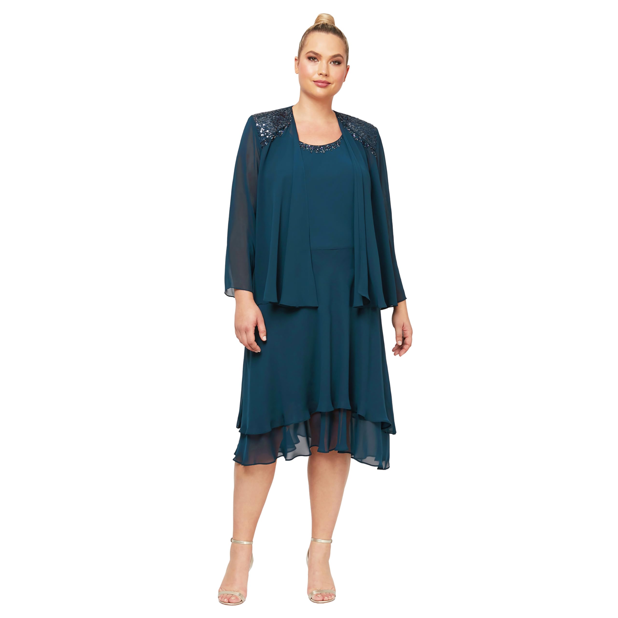 S.L. Fashions Women's Plus Size Embellished Tiered Jacket Dress Special Occasion, Mid Teal, 22
