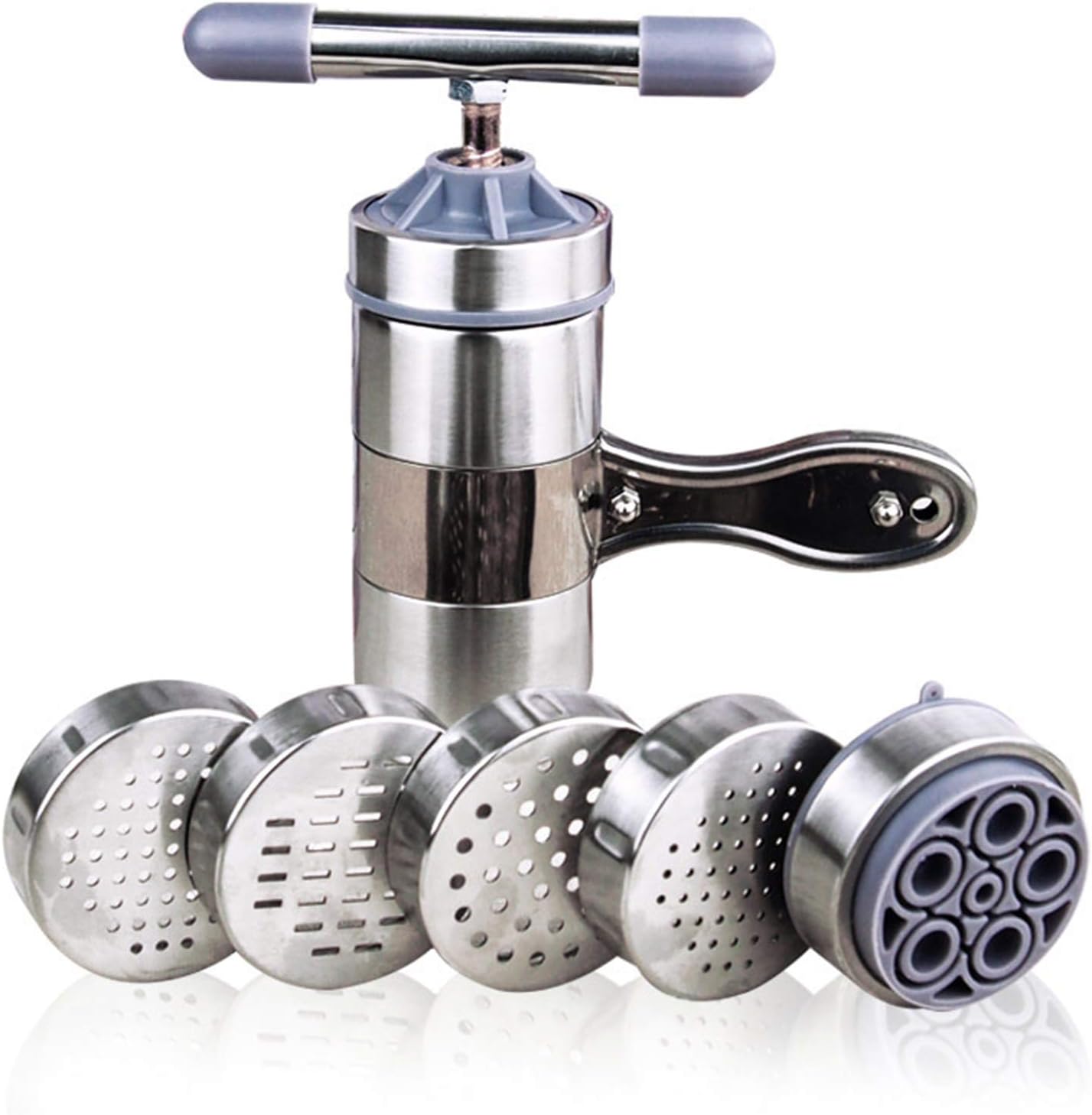 FLaig Kitchen Supplies Household Handheld Manual Metal Noodle Maker, Portable Pasta Press and Fruit Juicer, Includes 5 Interchangeable Noodle Molds, Making Spaghetti, Macaroni Noodles