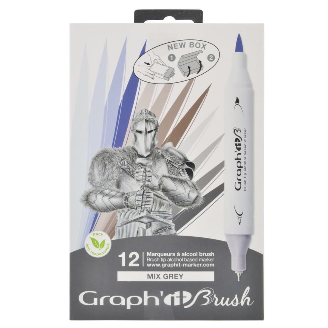 Graph'it - Set de 12 Marqueurs à Alcool Double Pointe : Extra-​fine et Pinceau - Dessin de Manga et Illustration - Professionnel et Débutant - Série Mix Greys