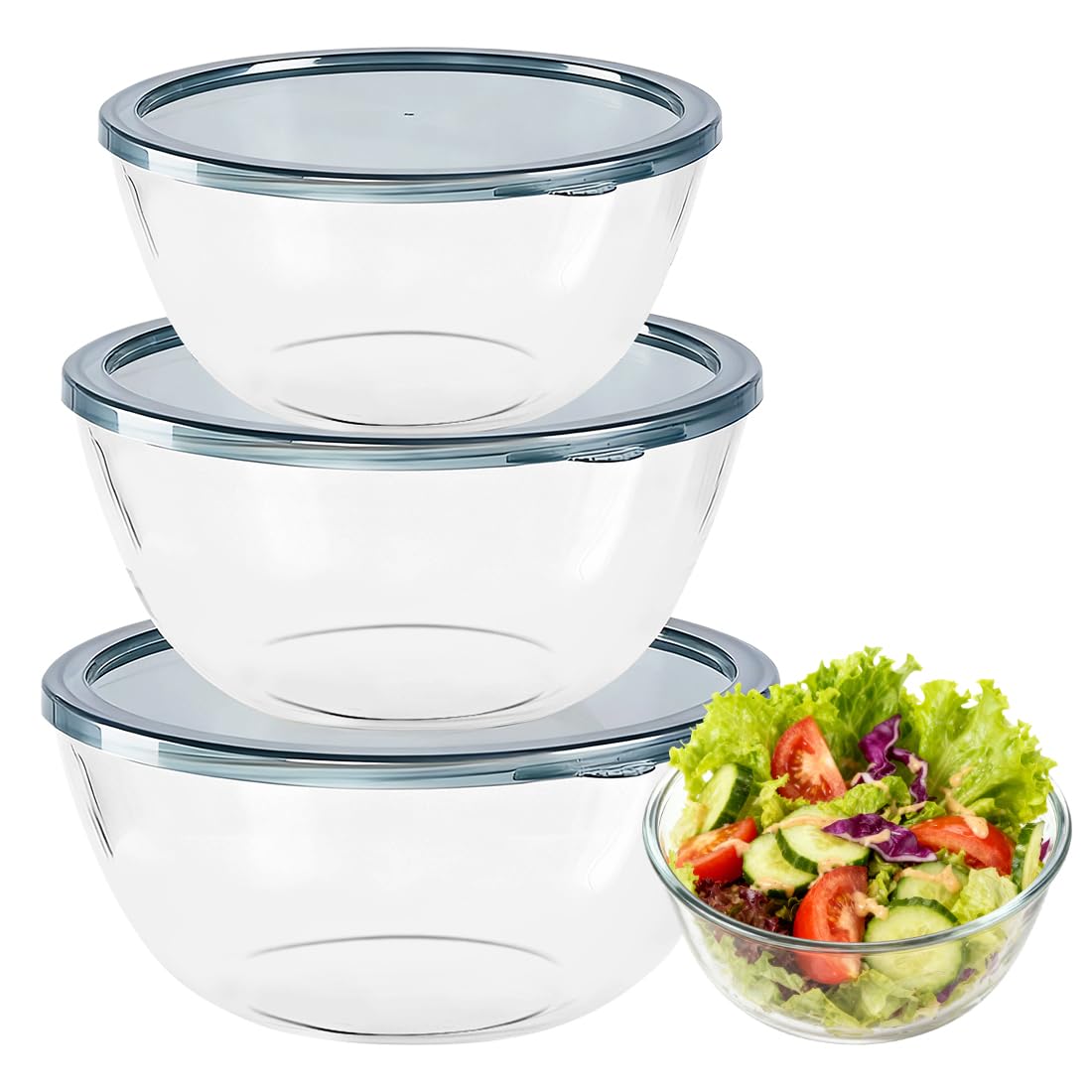 Szklana miska do mieszania, szklana miska z pokrywką, okrągła, zestaw 3 sztuk (1050 ml, 2700 ml, 4400 ml), nie zawiera BPA, do kuchni, żywności, gotowania, pieczenia