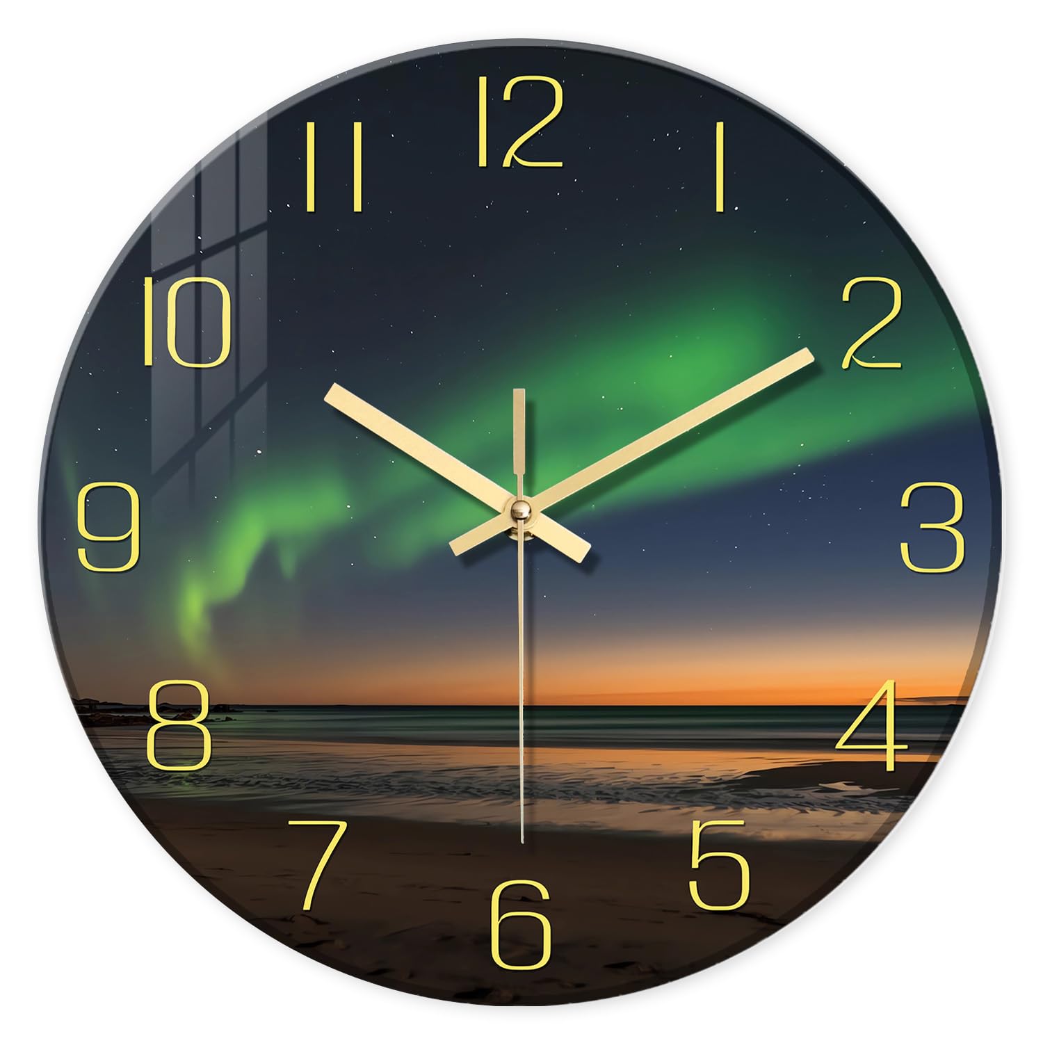 KSYOU Modern High Strength Glass Wall Clock, Decorative Green and Gold Bedroom Decor, Non Ticking Battery Operated Aurora Wall Clocks for Living Room/Kitchen/Bathroom/Office, 12 Inch