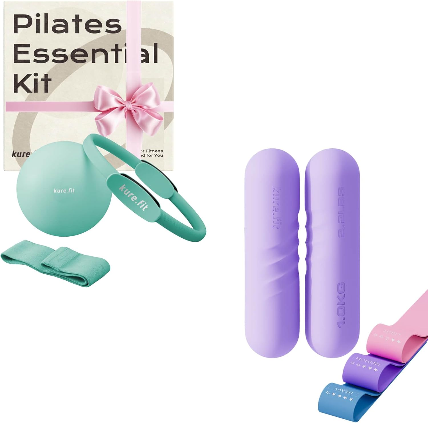 Green Pilates Kit and Purple Hand Weight Bars 2lb Each Bundle