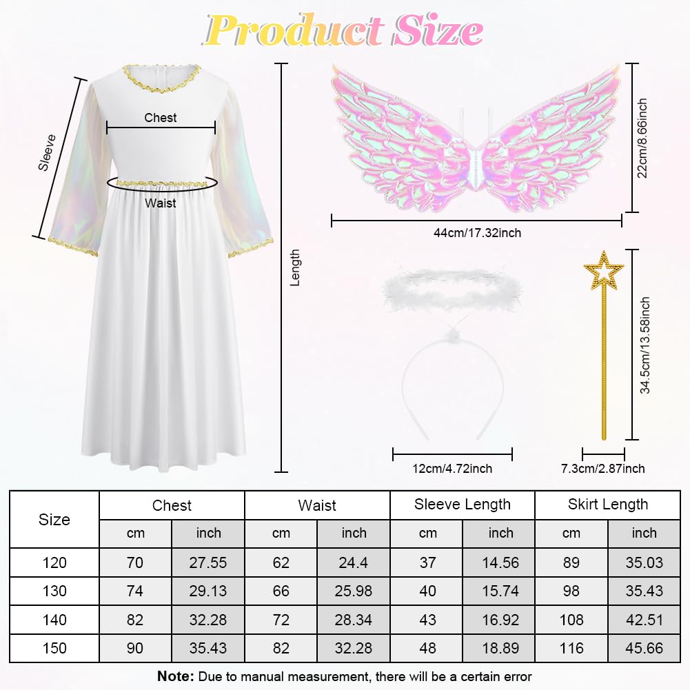 AYBUY Costumes Girls Angel, White Angel Dress with Wand Wings and Halo Girls Christening Dresses for Christmas Nativity - Image 2