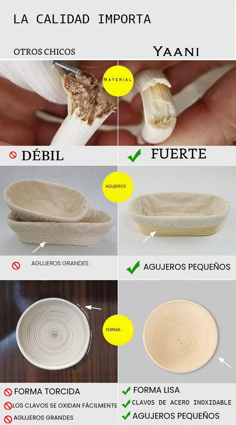 YAANI Juego de 2 cestas para fermentar pan redondas y ovaladas, cesta para fermentar Banneton + batidor de masa + cuchillas para pan + raspador de masa + raspador flexible de regalo