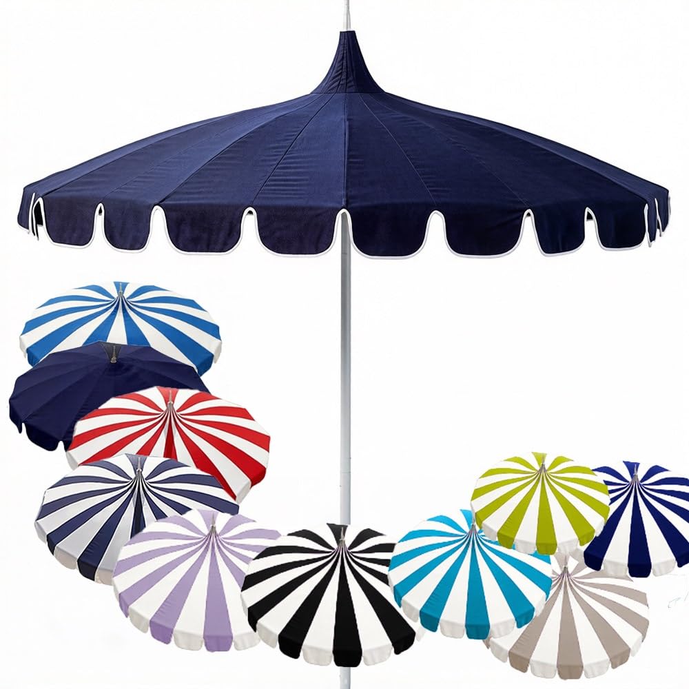LARAKVEAKV Stripes Patio Pagoda Umbrella, 8ft Pool Umbrellas Market Table Umbrella, Outdoor Umbrellas For Deck Patio, 16 Fiberglass Ribs(Navy blue)