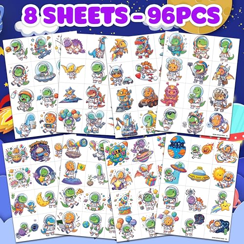 Image of 96 PCS Space & Dinosaur Temporary Tattoos for Kids | | Cosmic Galaxy Astronaut Fake Tattoos for Boys Girls | Fun Birthday Party Favors & School Rewards