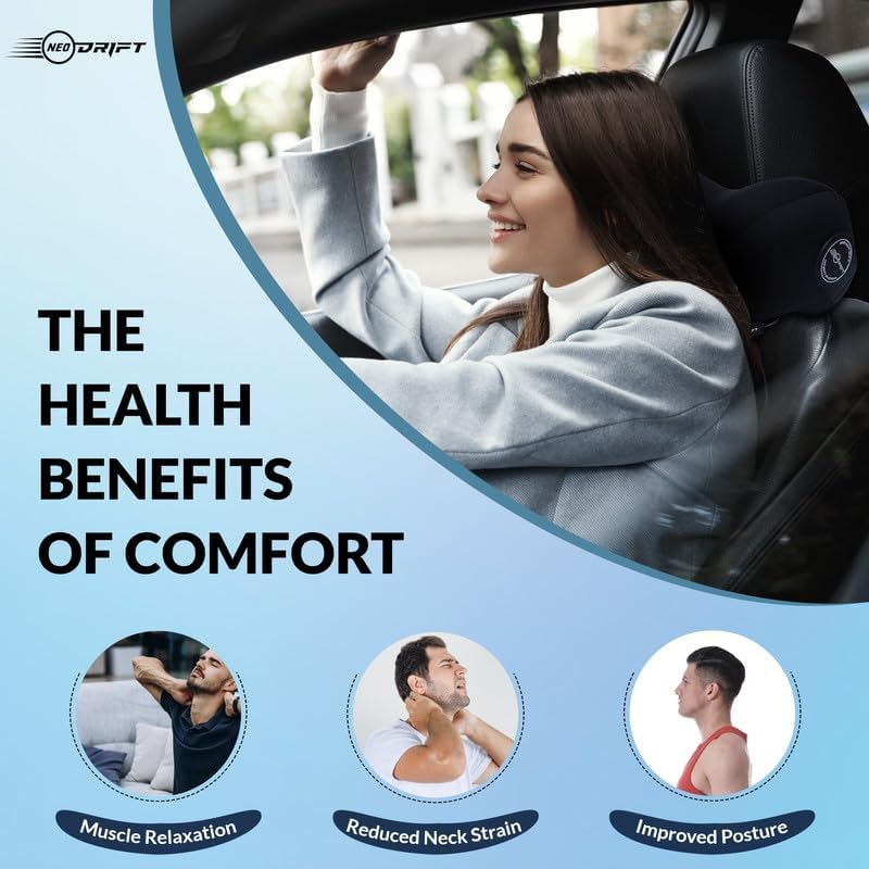 Image of Neodrift 'NeckFlow Pro' - Car Neck Rest Cushion Orthopedic Velvet Memory Foam Pillow for Neck, Head, Shoulder Support - Pain Relief for Car, 1 Pc (Colour-Black)