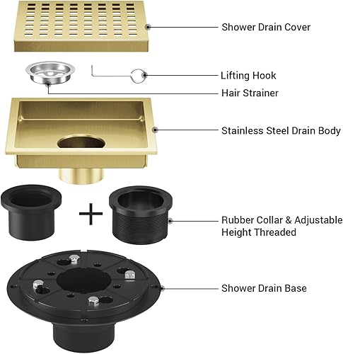 Miniatura 8 de Drenaje de ducha cuadrado de 6 pulgadas cromado, drenaje de piso de baño, kit de drenaje de acero inoxidable con brida, cubierta de rejilla