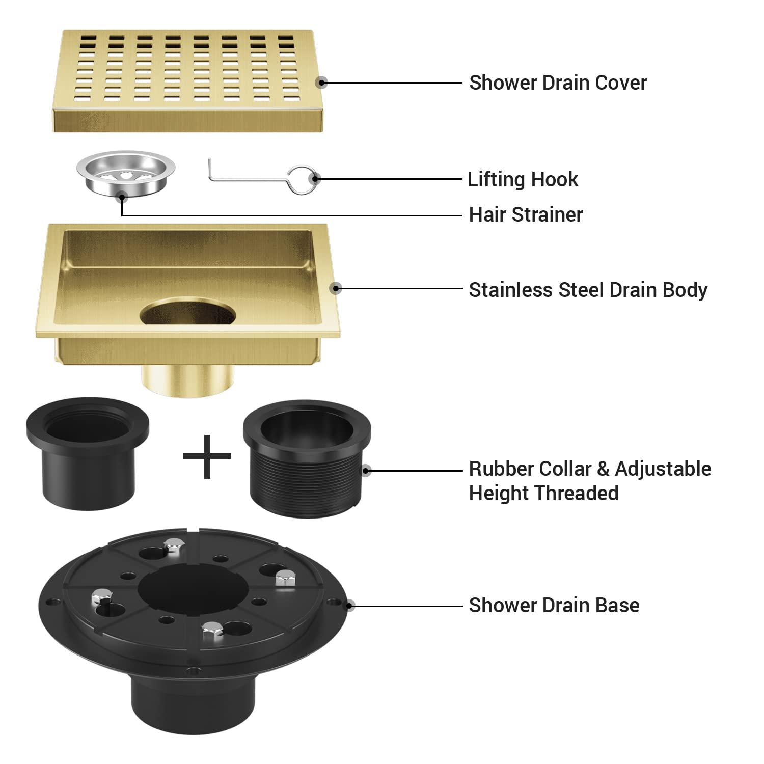 Shower Drain 6 Inch Brushed Gold, EXF Stainless Steel Square Shower Floor Drain Kit with Flange, Removable Cover Grid Grate, Hair Strainer