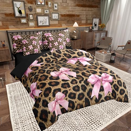 Parure de lit 7 pièces douce avec couette lit double imprimé léopard rustique et nœud rose