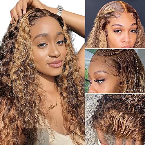 FNSD HD Transparent Lace Front Wigs Curly Lace Front Wigs Human Hair Highlight 4/27 Colored Dark Brown Ombre Lace Front