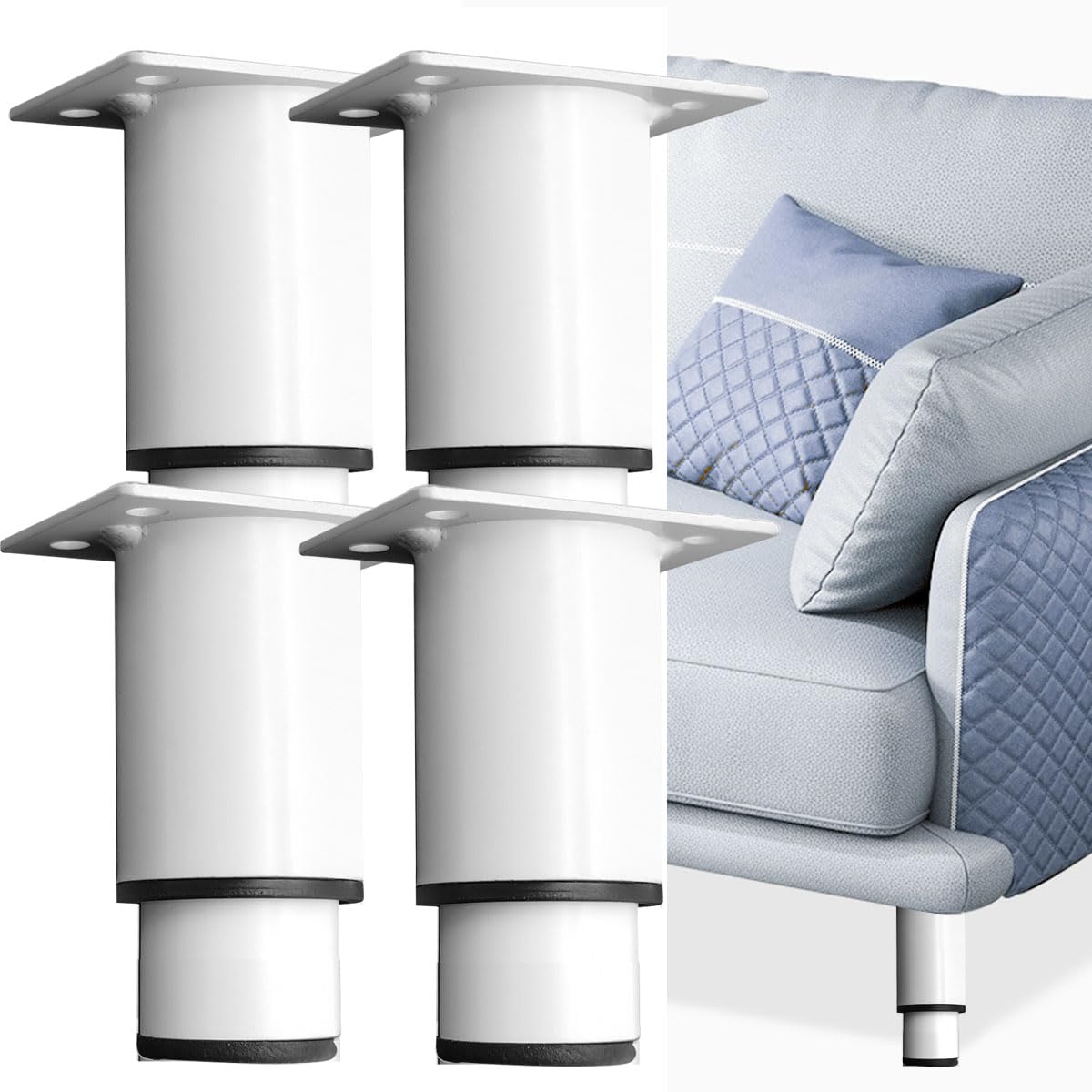 REVHQ 4 PCS Adjustable Bed Support Legs, 3"-4.8" Metal Furniture Cabinet Kitchen Adjustable Feet, Stainless Steel Furniture Leg, Replacement Bed Leg for Sofa Couch Chair Desk Table (4 Pcs White)