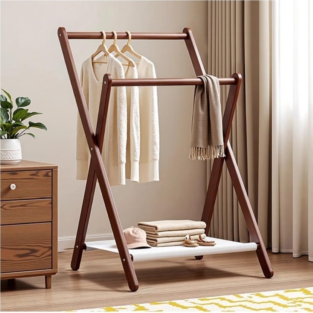 Wooden Clothes Hanger, Foldable Clothing Rack, 2-rail Coat Rack, Clothes Storage Rack, Floor-standing Clothes Drying Rack for Bedroom, Living Room, Balcony(Brown,31.5 * 17.3 * 35.4in)