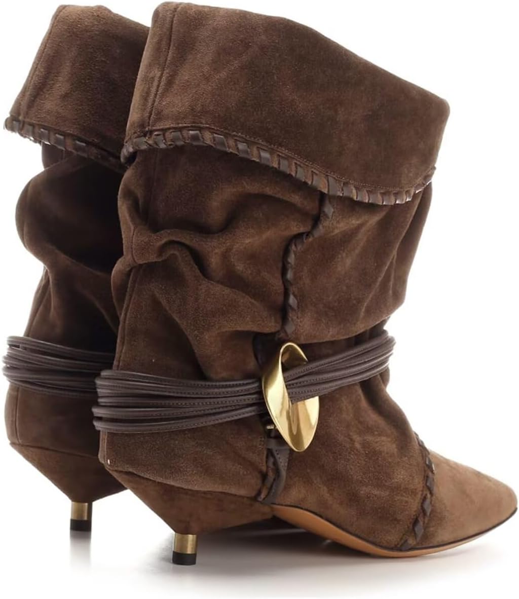 Agodor Women's Slouchy Ankle Boots - Pointed Toe Kitten Heels Booties Wide Calf Boho Suede Cowboy Boots Fold Over Mid Calf Slip On Comfortable Shoes