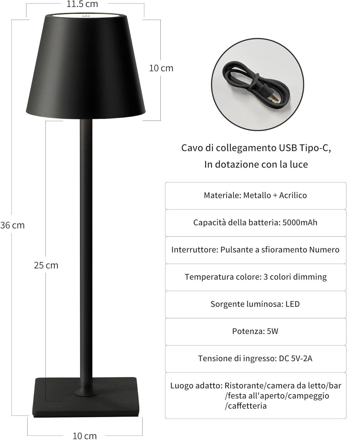 2 Lampada da tavolo senza fili Nero Led Touch Dimmerabile 3 modalità di luce Lampade ricaricabili impermeabile 3000-6500k