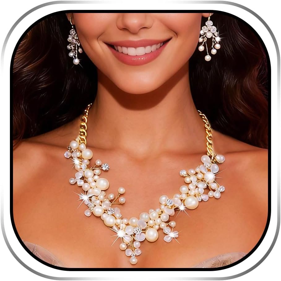 Sixexey Wedding Pearl Jewelry Sets Gold Pearl Necklace Earrings Bridal Rhinestone Prom Jewelry Accessories for Women