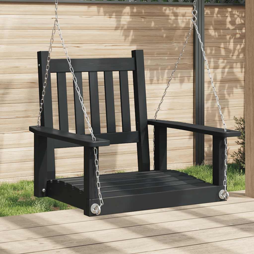 Sedia a dondolo per esterni in legno massiccio di abete con vernice nera, resistente alle intemperie e durevole, con 2 robuste catene in metallo regolabili, schienale ergonomico