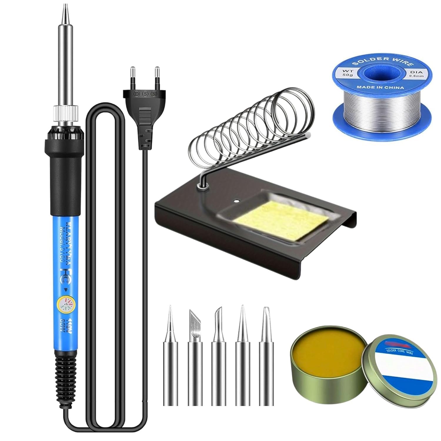 Generic 60W Adjustable Temperature Soldering Iron Kit with 5 Copper Tips Stand Solder Wire Flux Paste Complete Electronics Repair DIY Tool Pack of 9 Set-picture-14