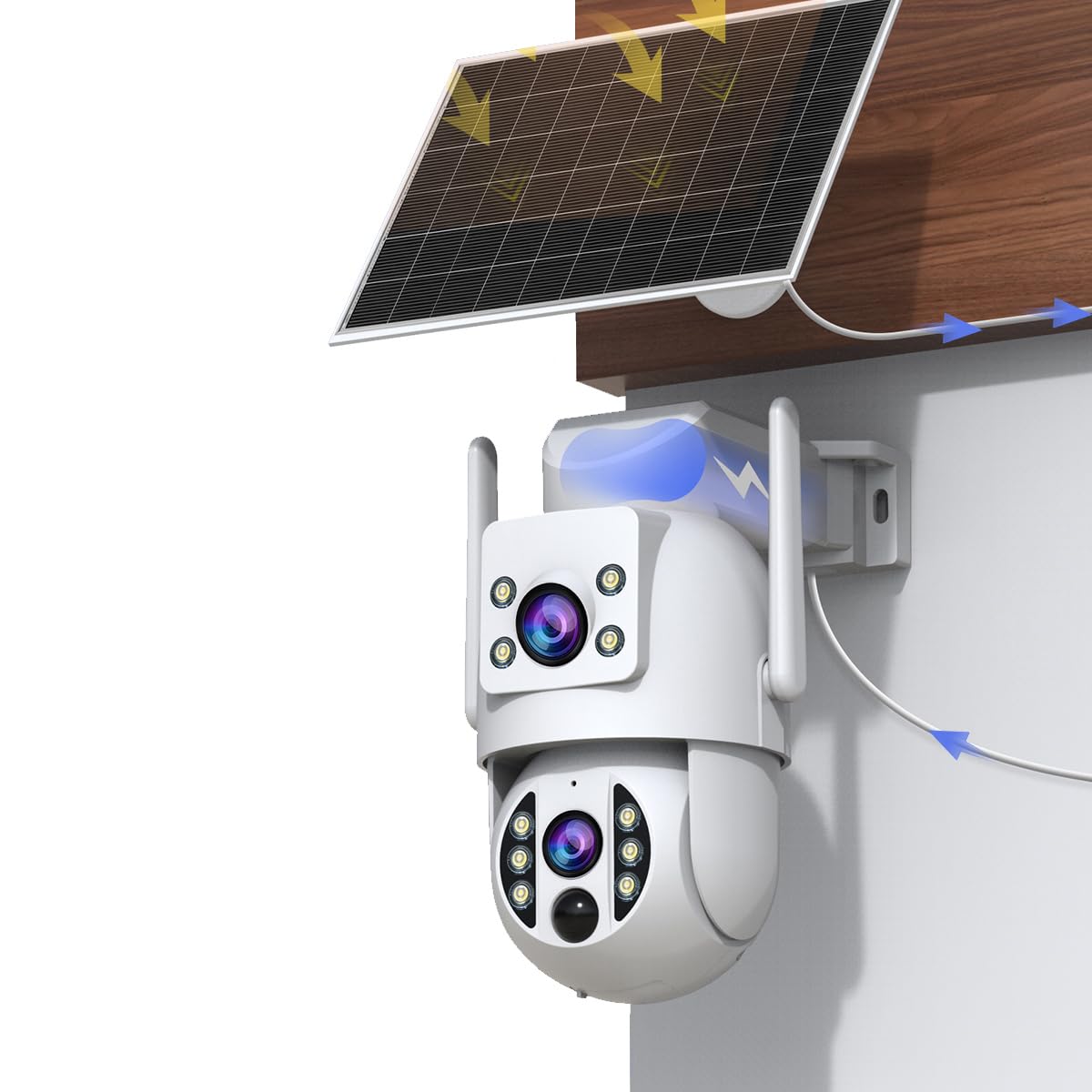 JOOAN Cámara de seguridad solar inalámbrica WiFi 2Kx2 360°PTZ Cam doble lente 9000mAh batería color noche sonido y luz alarma IP66 resistente a la intemperie tarjeta de seguimiento humano