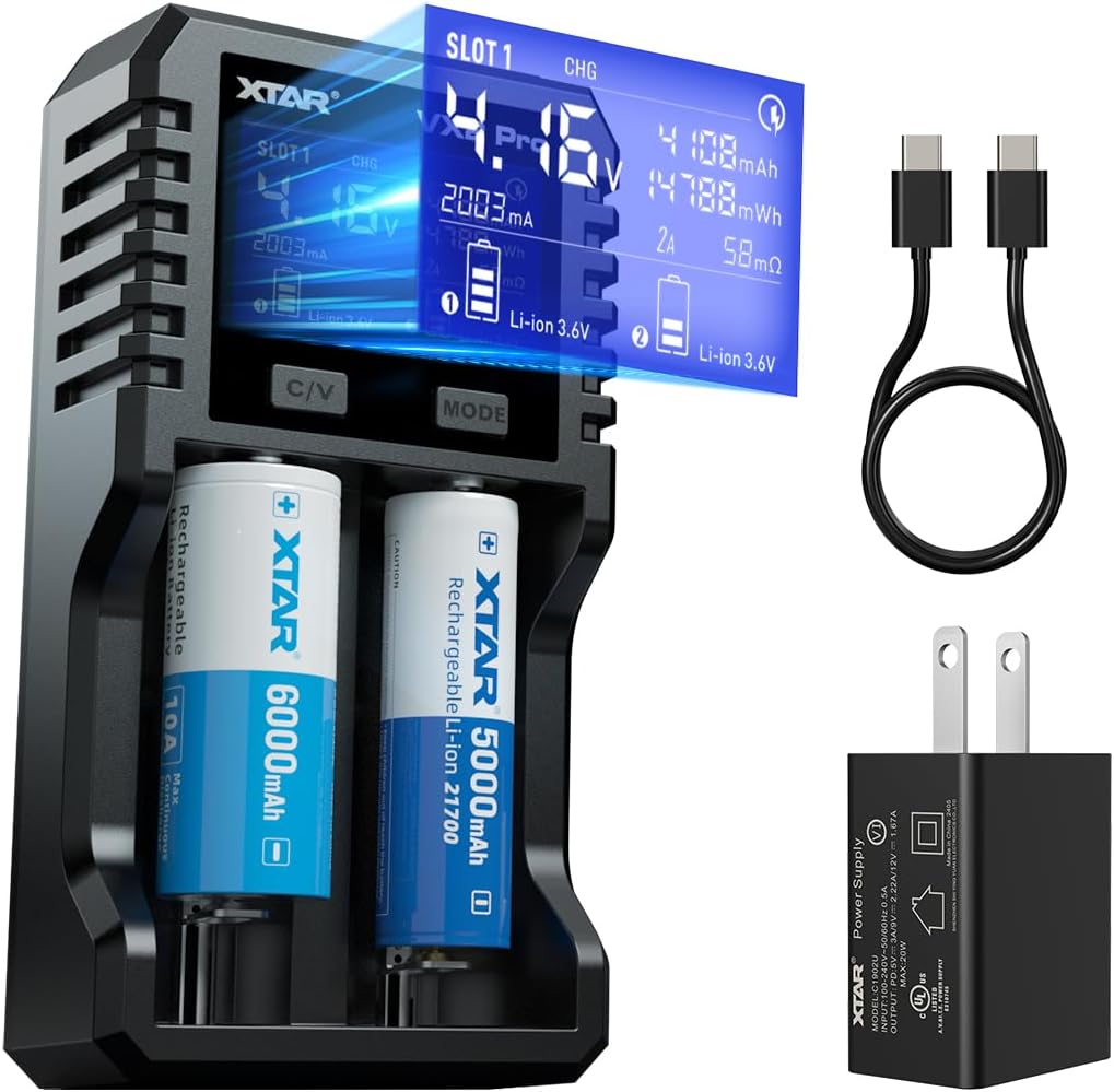 XTAR VX2 PRO Battery Analyzer Charger, Independent 2 Slot 18650 Battery Charger Tester – Dual-Mode for Simultaneous Ni-MH Refresh & 21700 Capacity Testing, No Interference