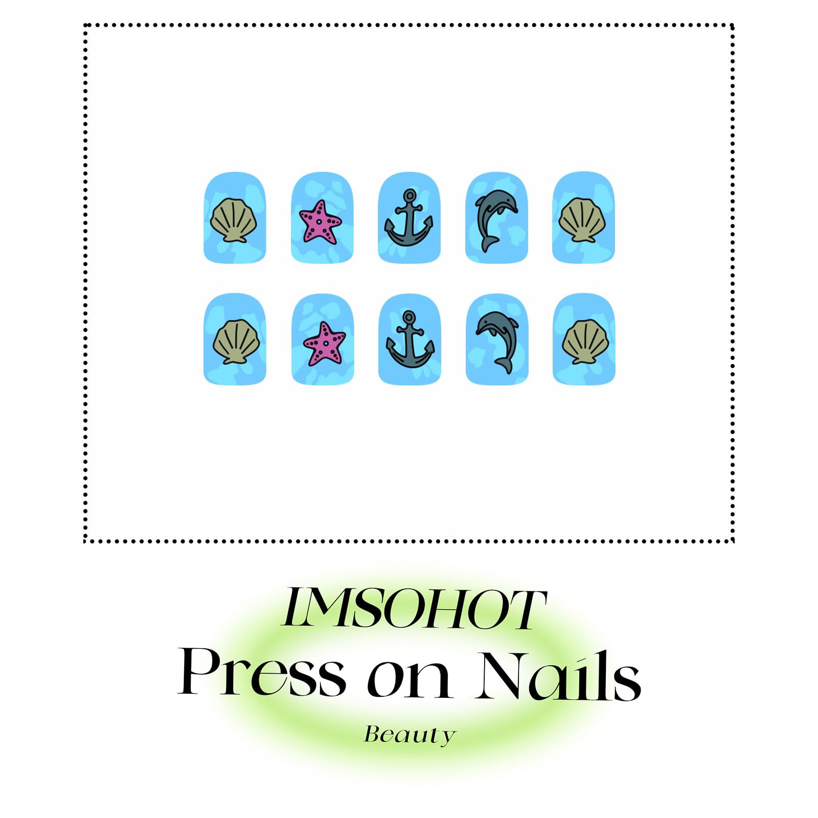 IMSOHOT Press on Nails Short Square Fake Nails Matte Blue False Nails with Starfish & Dolphins Designs Full Cover Glue on Nails Cute Summer Acrylic Artificial Nail Supplies for Women 24Pcs
