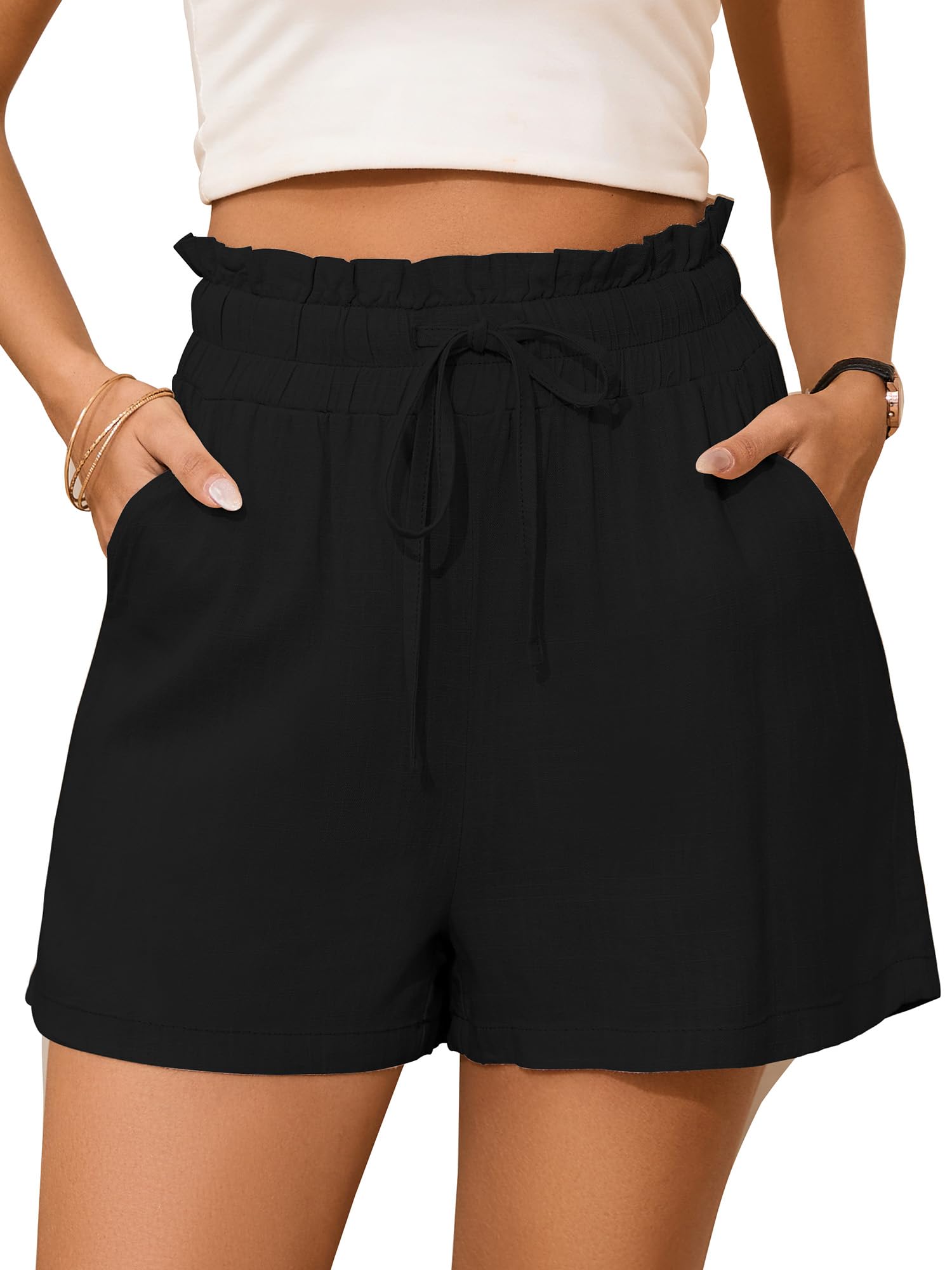 StylSense Kurze Hose Damen Sommer Leinen Musselin Bermuda Shorts Baumwolle High Waist mit Gummizug und Taschen
