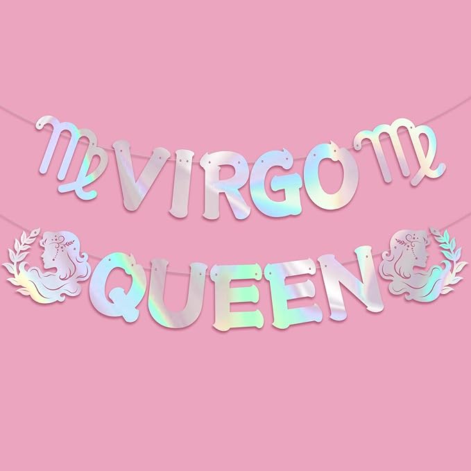 Virgo Queen Banner for August September Birthday Party Decorations, Glitter Iridescent Zodiac Virgo Birthday Banner for Horoscope, Astrology Bday Party Decor, Ideas, Jokes and Favors (Iridescent)