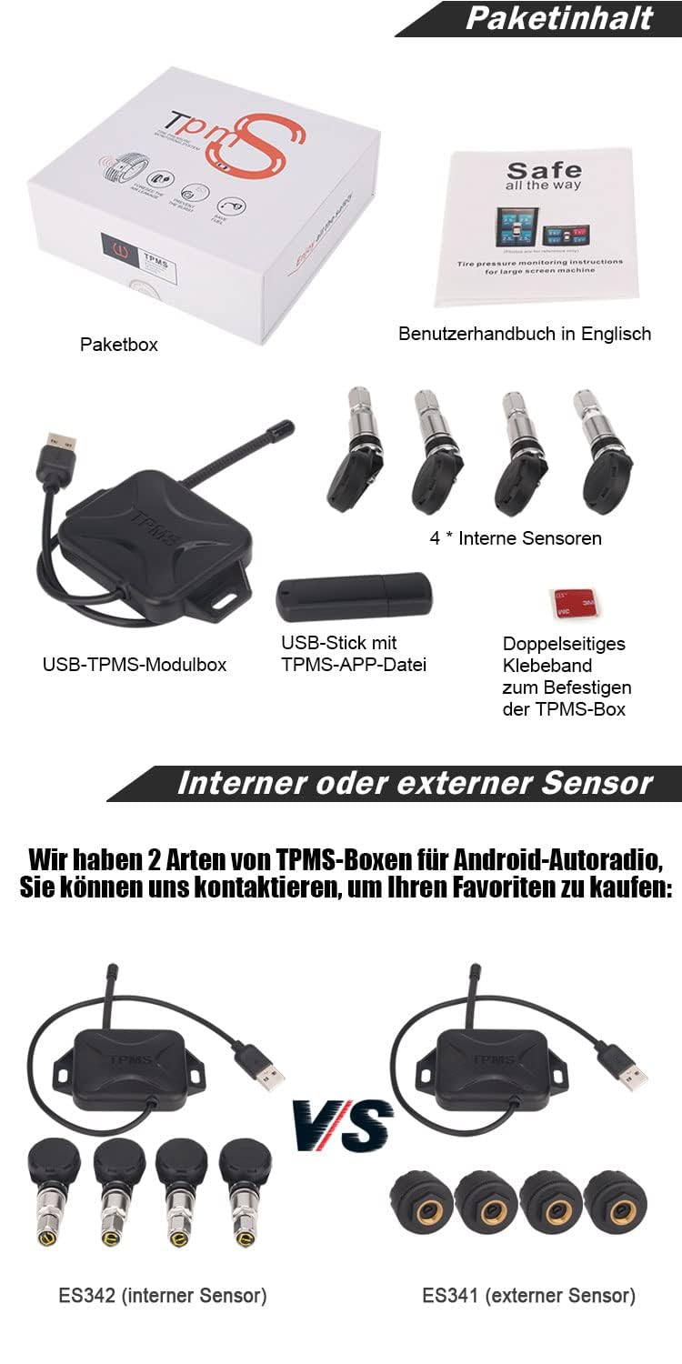 TPMS Moduły czujnik ciśnienia w oponach z 4 wewnętrznymi czujnikami, wyświetlaczem, monitorowanie ciśnienia w oponach, USB, uniwersalny do radia samochodowego z systemem Android 8.1+ ES342