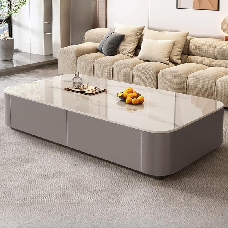 Rectangular Stone Top Coffee Table with Storage Drawers Modern Rectangular Living Room Accent Center Table with Storage White-Gray