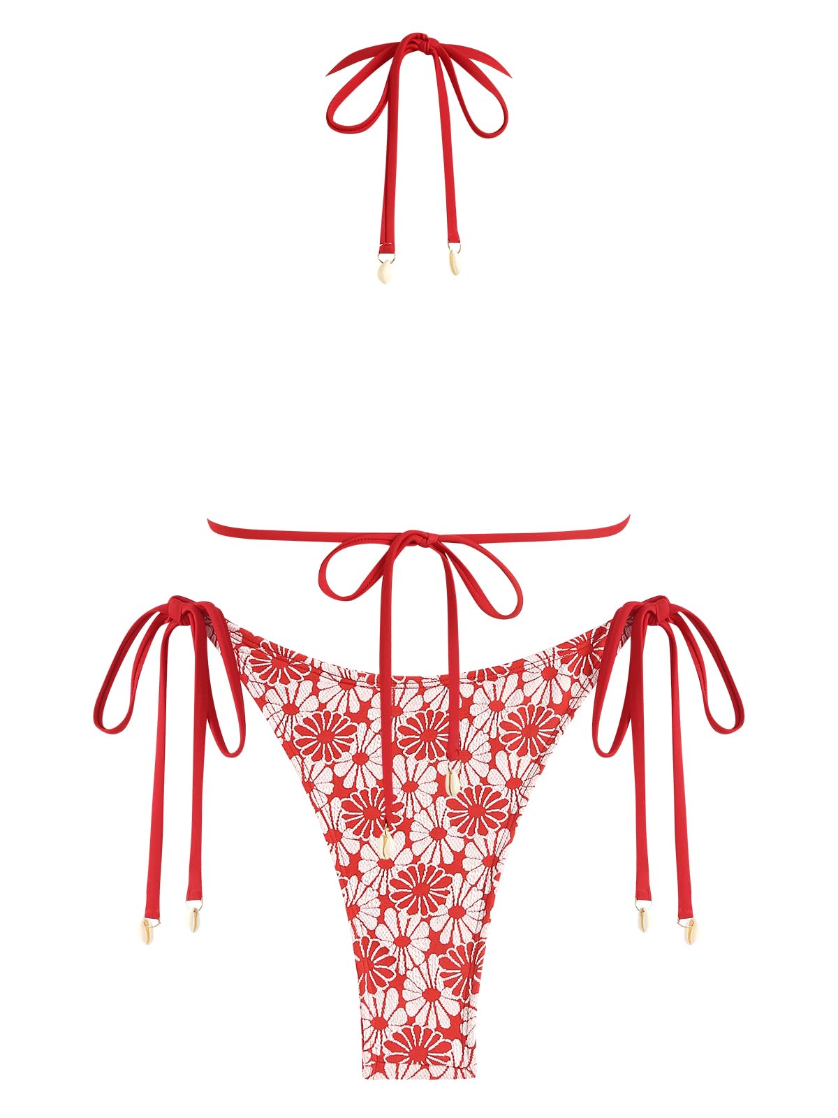 ZAFUL Women's Triangle Bikini Multiway Fishnet Tie Side Bandeau Halter String Bikini Set Two Piece Swimsuit Bathing Suits: 6-floral Red Small