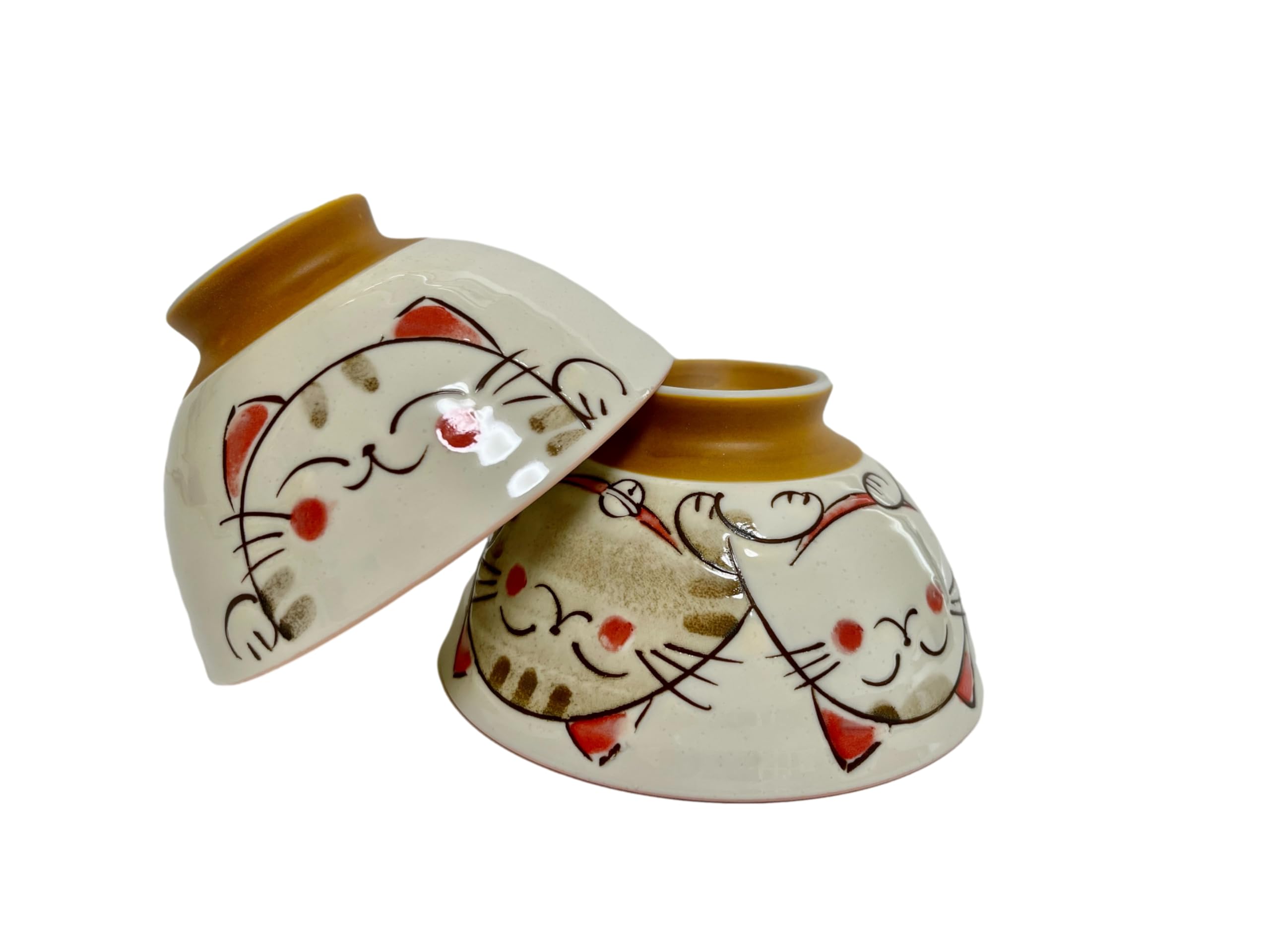 Japanese Mino Ware - Juego de cuencos de arroz de cerámica, 4.53 x 2.48 pulgadas de alto, 7.8 onzas líquidas, lindos gatos sonrientes rosados, juego de 2 (rosa)